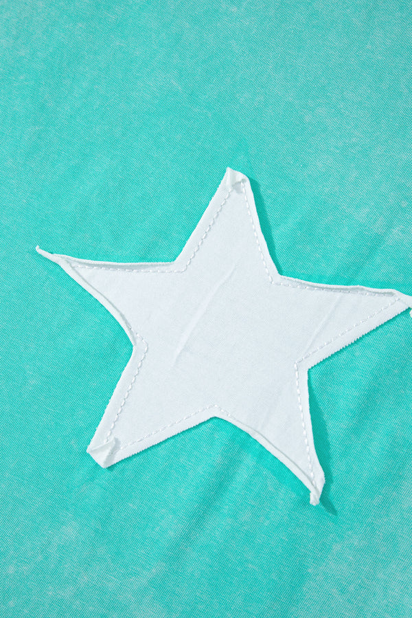 Mint Green Acid Wash Star Patched Rolled Trim Pants Set