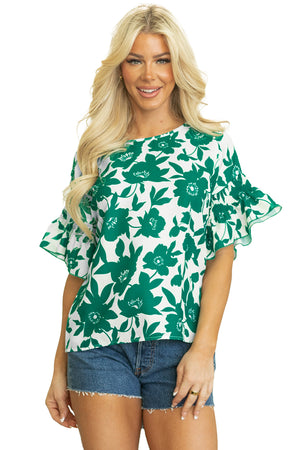 Green Floral Printed Ruffled Short Sleeve Round Neck Loose Blouse