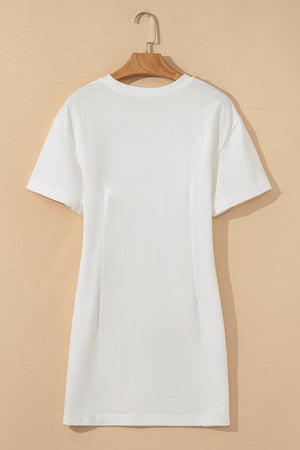 White Drop Shoulder Crew Neck Shift T Shirt Dress