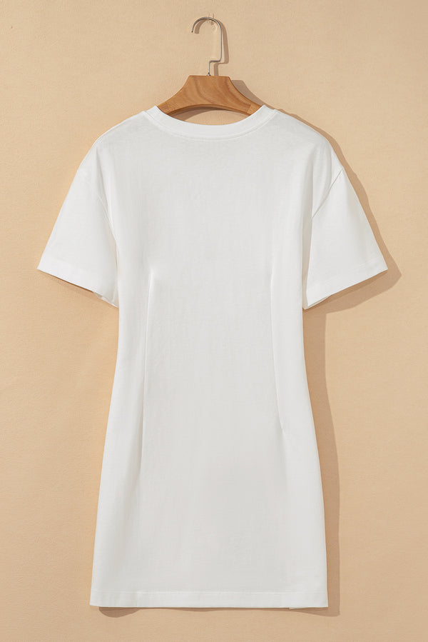 White Drop Shoulder Crew Neck Shift T Shirt Dress