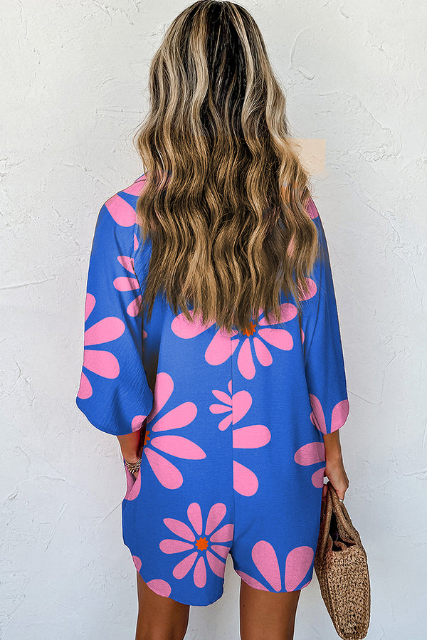 Blue Summer Flower Print Shirt Collar Button Front Loose Romper