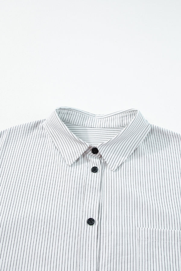 DEAR-LOVER Stripe Roll-tab Sleeve Pocketed Long Shirt