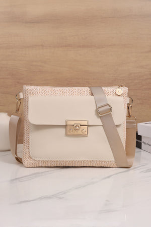 Beige Leather Pocket Patchwork Straw Woven Shoulder Bag
