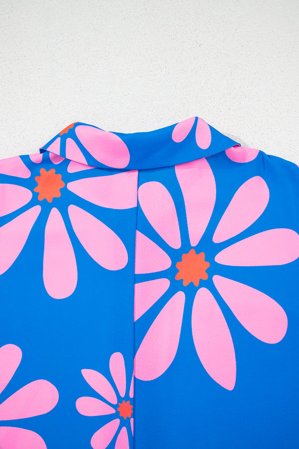 Blue Summer Flower Print Shirt Collar Button Front Loose Romper