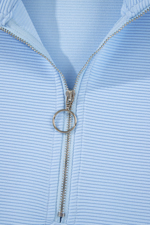 Beau Blue Ribbed Texture Half Zip Ruffled Short Sleeve Top and Shorts Set