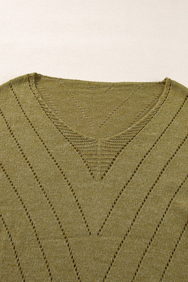 Sage Green Solid Eyelet Drop Shoulder V Neck Sweater