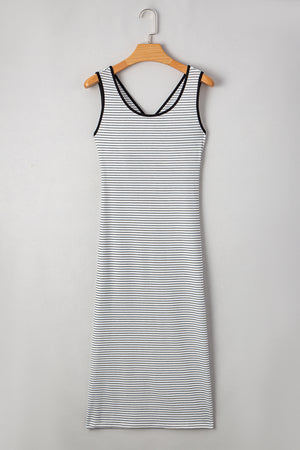 White Stripe Criss Cross Side Slits Slim Fit Sleeveless Midi Dress