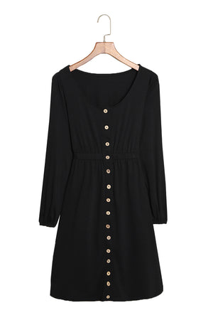 Black Button Up High Waist Long Sleeve Dress