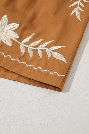 Khaki Embroidered Boho Tasseled Drawstring Elastic Waistband Casual shorts