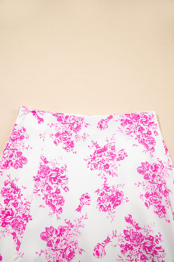 Rose Boho Floral High Waist Ruffle Split Maxi Skirt