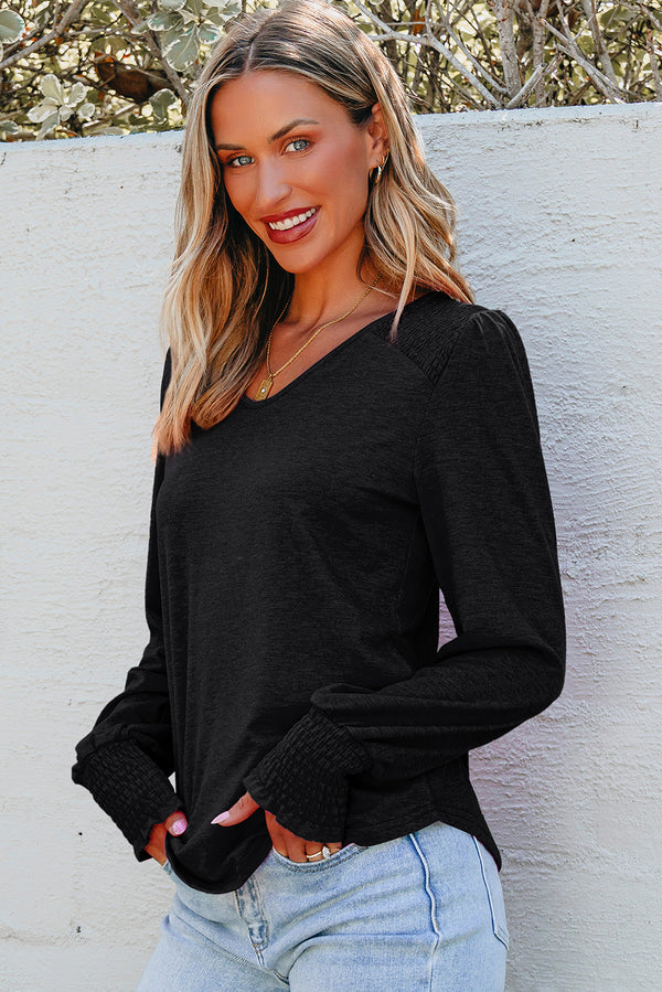 Black Shirred Shoulder Frilled Cuffs Long Sleeve Top