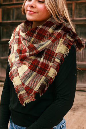 Red Clay Fringe Trim Reversible Plaid Houndstooth Pashmina Scarf