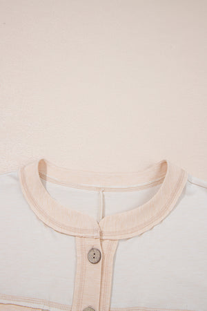 Beige Half Placket Chest Pockets Short Sleeve Wide Leg Jumpsuit