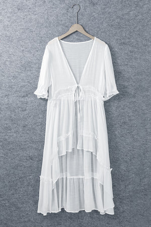 White Half Sleeve Ruffled High Low Kimono
