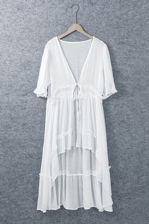 White Half Sleeve Ruffled High Low Kimono