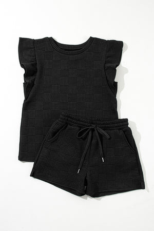 Black Textured Ruffled Sleeve Tee and Drawstring Elastic Waistband Shorts Set