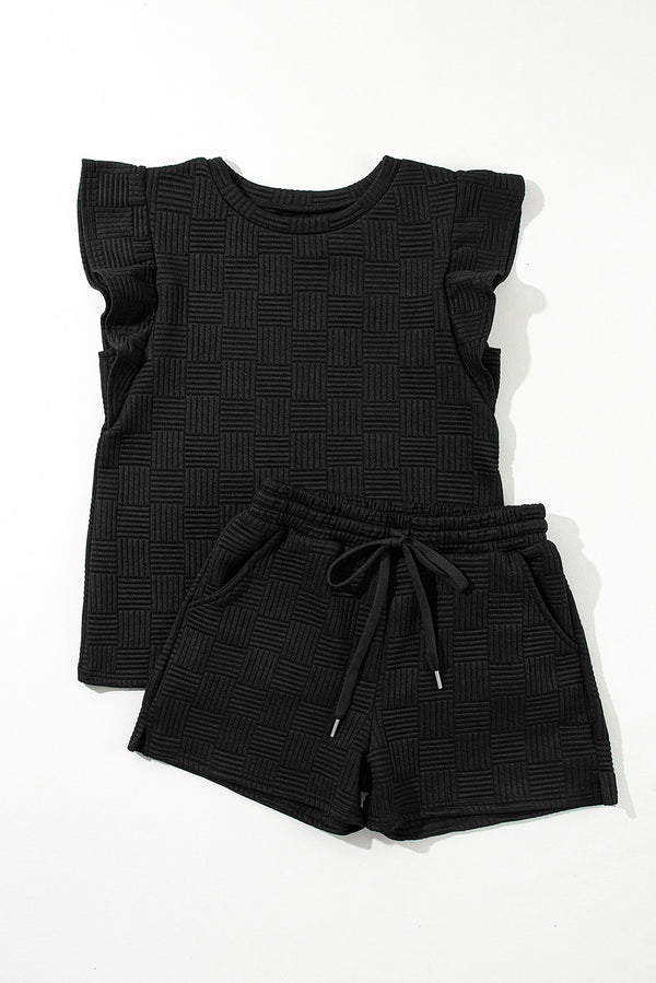 Black Textured Ruffled Sleeve Tee and Drawstring Elastic Waistband Shorts Set