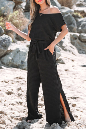 Black Checkered Mesh One Shoulder Short Sleeve Knotted Waist Jumpsuit