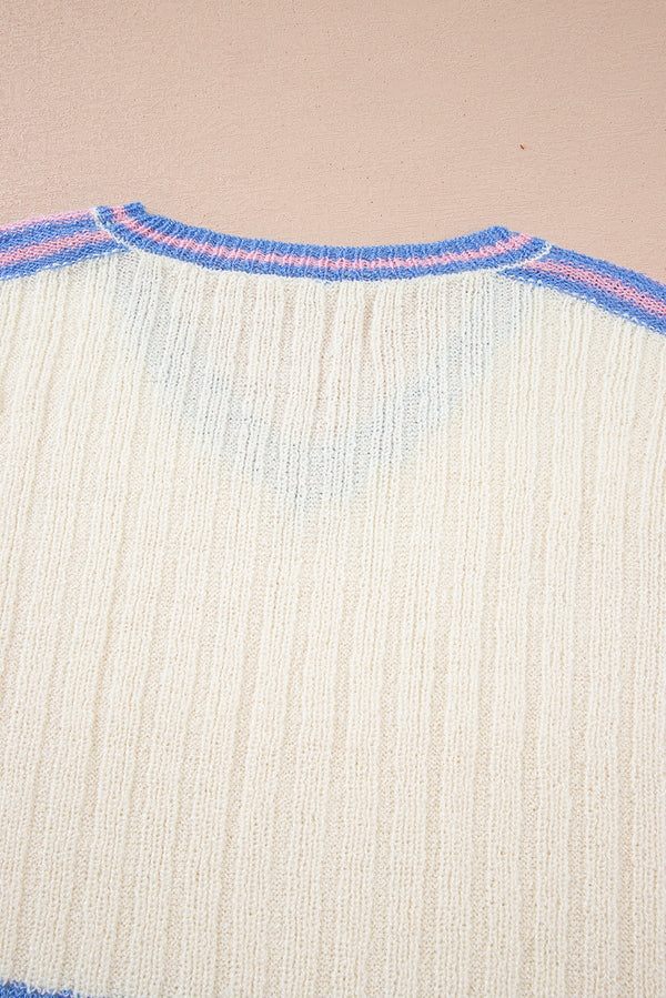 White Striped V Neck Dolman Sleeve Rib Knit Oversized Sweater with Slits