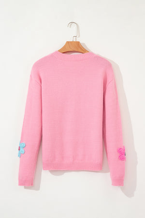 Pink Cute Knitted Floral Pattern Button Up Cardigan