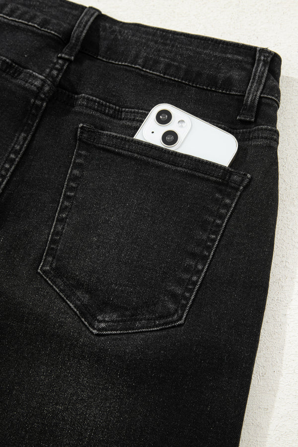 Black Raw Hem Straight Leg Loose High Waist Jeans