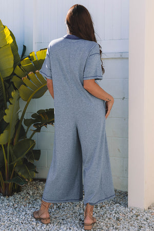 Beau Blue Half Placket Chest Pockets Short Sleeve Wide Leg Jumpsuit