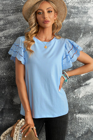 White/Black/Blue/Green Hollow Out Ruffle Sleeve T-shirt