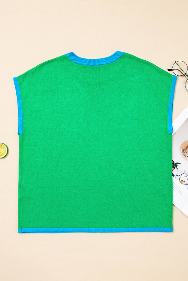 Green Contrast Trim Round Neck Short Sleeve Loose Knit Sweater