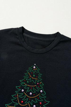 Black Rhinestone Christmas Tree Round Neck Graphic Tee