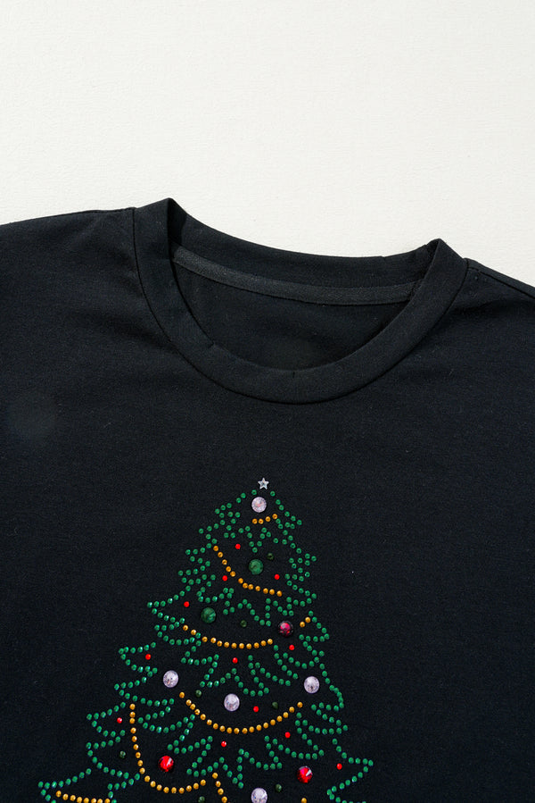 Black Rhinestone Christmas Tree Round Neck Graphic Tee