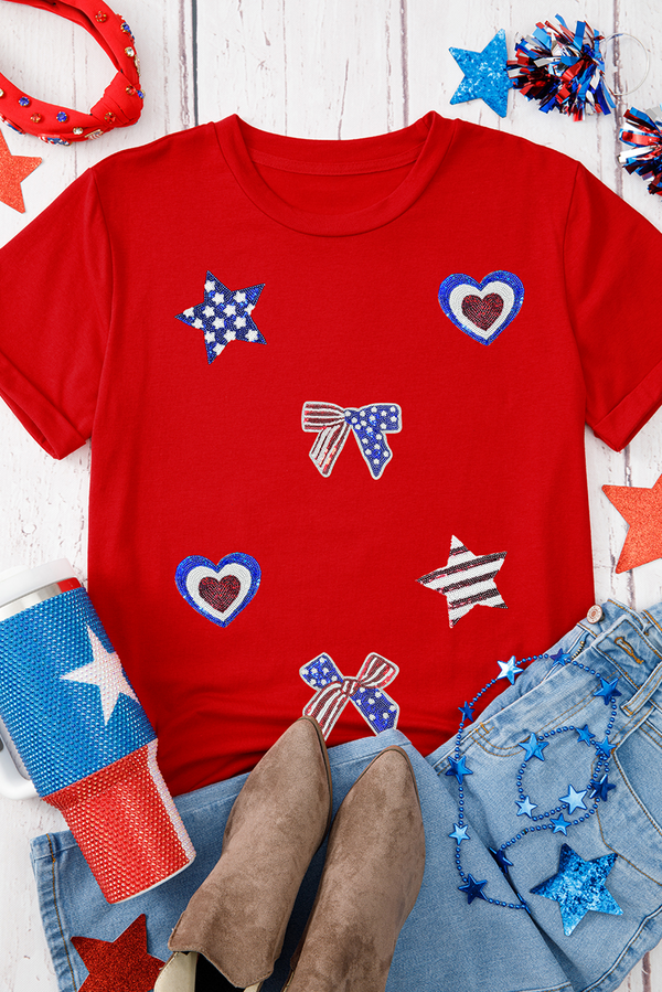 Red American Flag Inspired Sequined Pattern Crewneck Tee