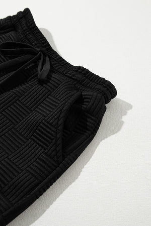 Black Textured Ruffled Sleeve Tee and Drawstring Elastic Waistband Shorts Set