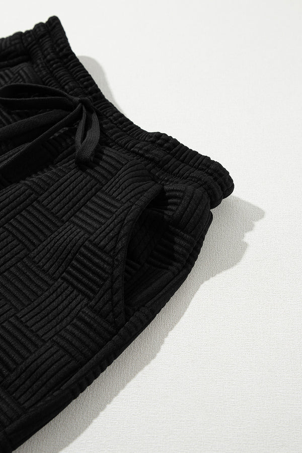 Black Textured Ruffled Sleeve Tee and Drawstring Elastic Waistband Shorts Set