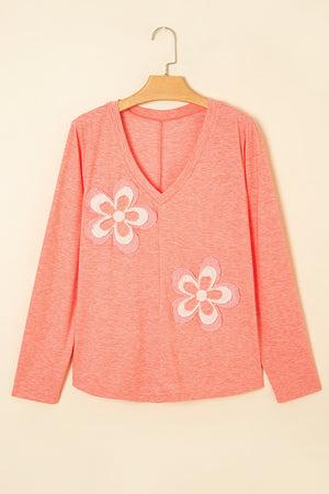 Fresh Salmon Floral Patchwork V Neck Long Sleeve T Shirt