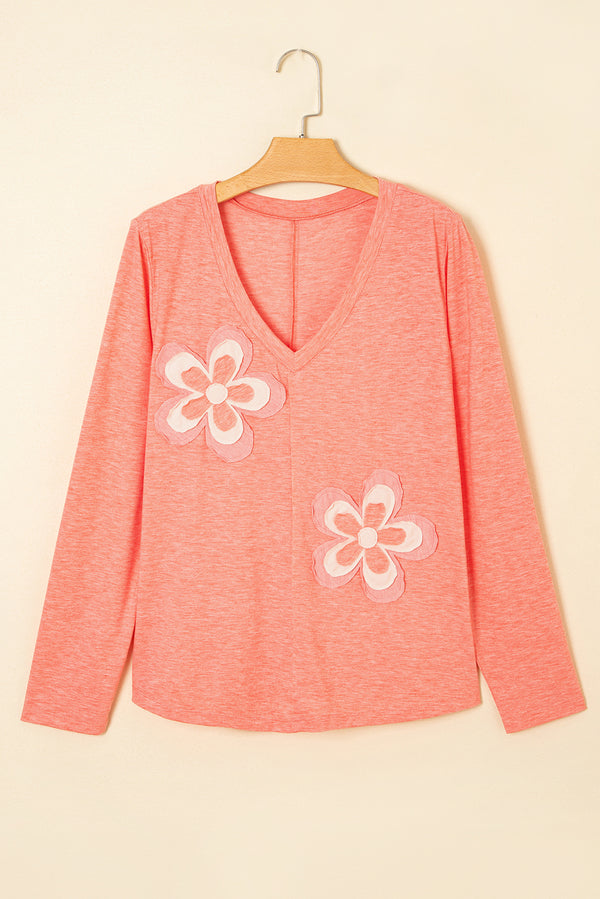 Fresh Salmon Floral Patchwork V Neck Long Sleeve T Shirt