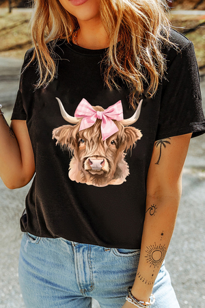 Black Bow Cow Head Graphic Western Fashion T Shirt