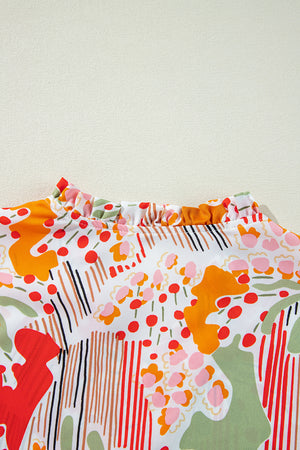 Orange Printed Split V Neck Puff Sleeve Blouse