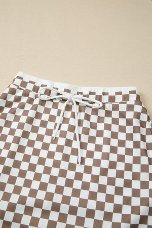 Khaki Checkered Print Polo Collar Cropped Long Sleeve Top Drawstring Mini Skirt Set