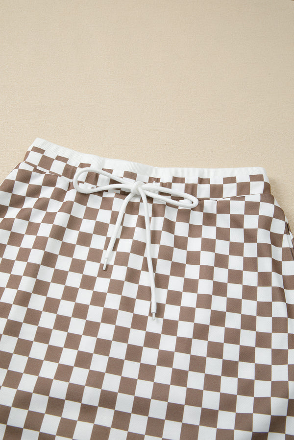 Khaki Checkered Print Polo Collar Cropped Long Sleeve Top Drawstring Mini Skirt Set