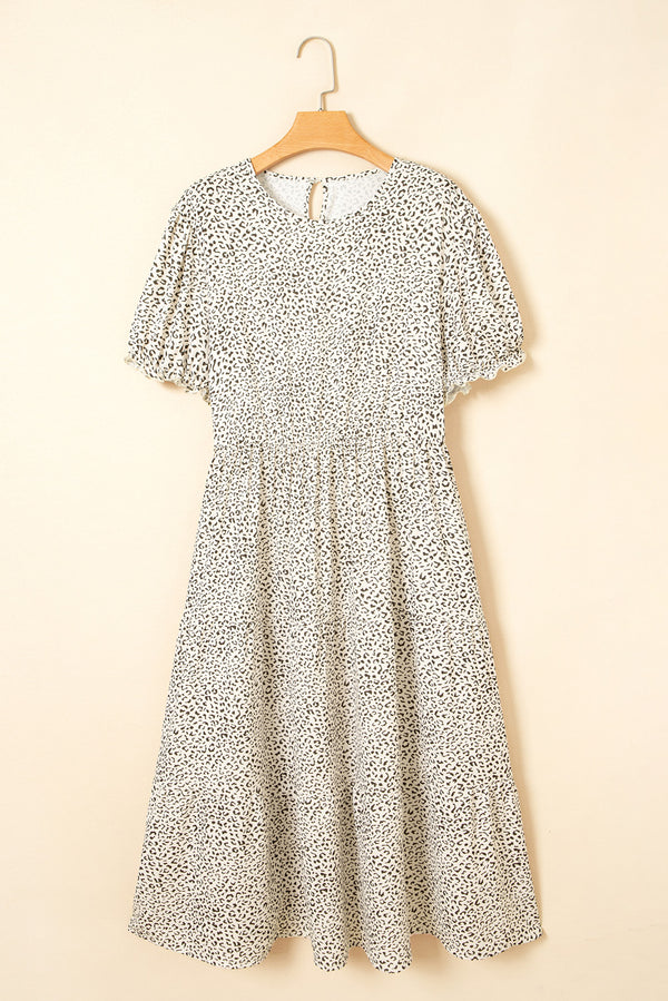 Beige Plus Size Leopard Print Frill Trim Short Sleeve Flared Dress