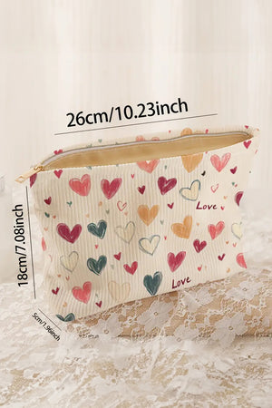White Love Heart Print Ribbed Canvas Makeup Bag