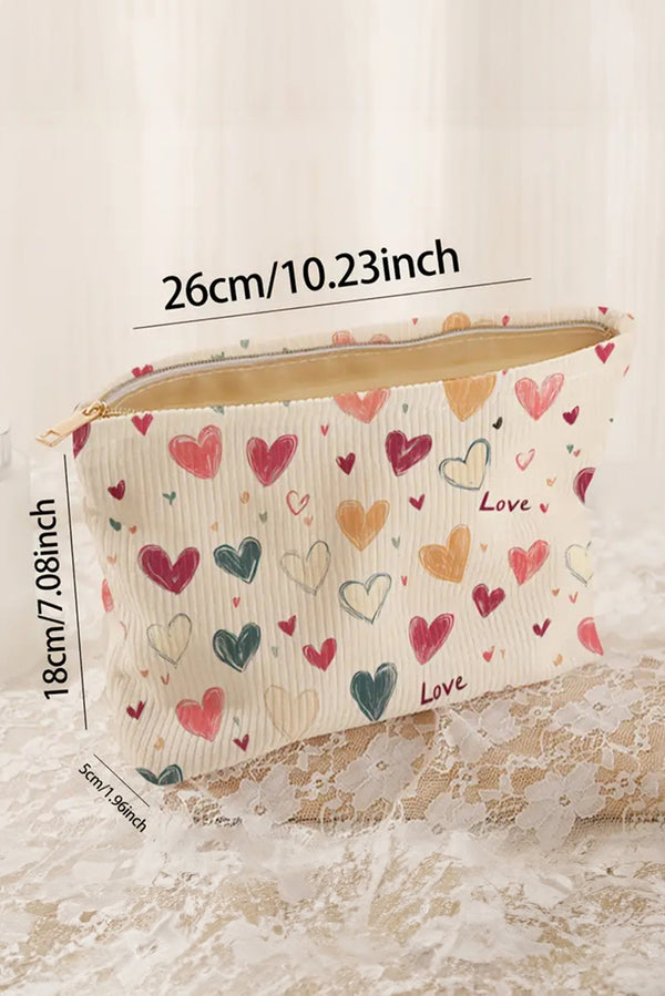 White Love Heart Print Ribbed Canvas Makeup Bag