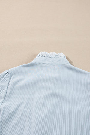 Sky Blue Stripe Frilled Trim Button Up Long Sleeve Shirt