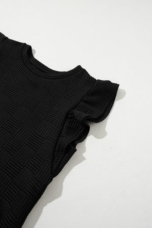 Black Textured Ruffled Sleeve Tee and Drawstring Elastic Waistband Shorts Set