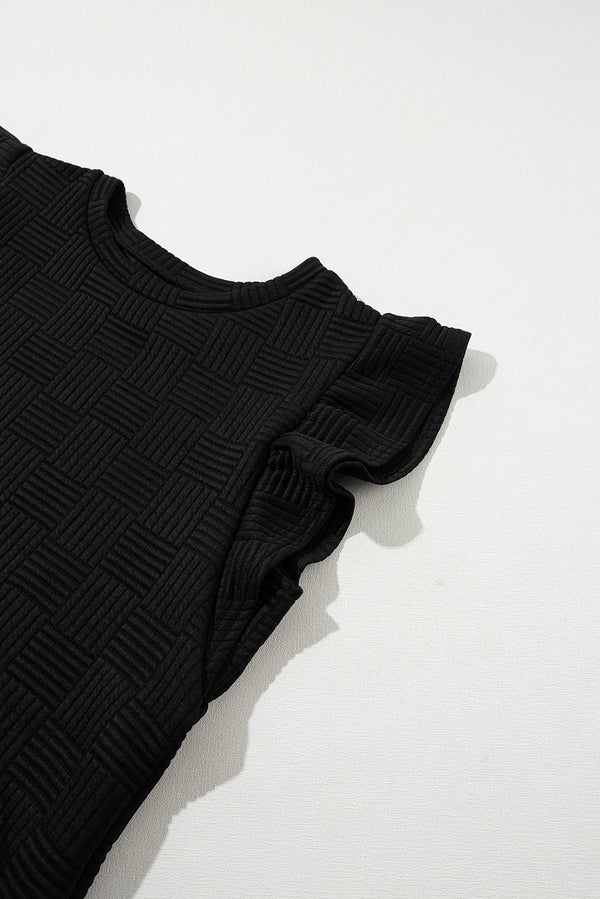 Black Textured Ruffled Sleeve Tee and Drawstring Elastic Waistband Shorts Set