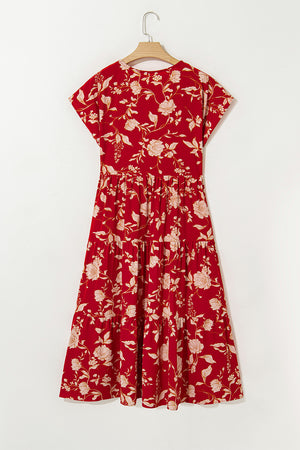 Red Floral Print Buttoned Front V Neck Tiered Short Sleeve Midi Dress
