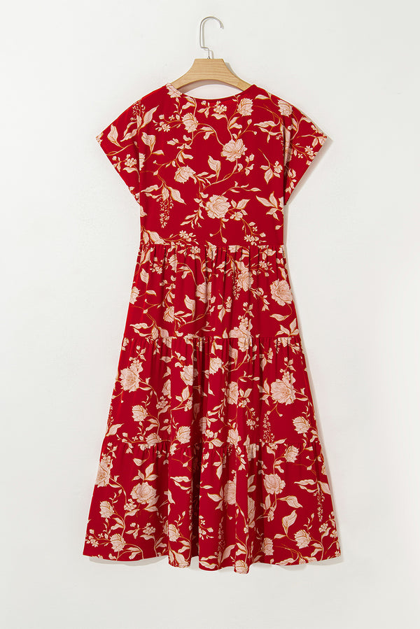Red Floral Print Buttoned Front V Neck Tiered Short Sleeve Midi Dress