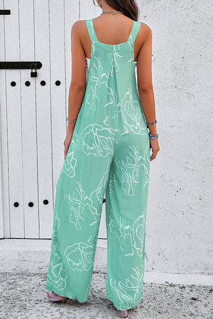 Moonlight Jade Printed Bib Wide Leg Overall