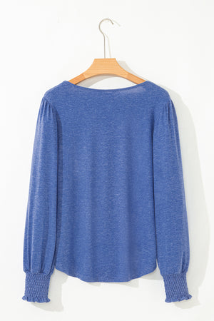 Sky Blue Shirred Shoulder Frilled Cuffs Long Sleeve Top