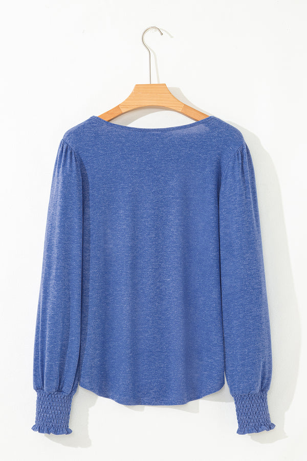 Sky Blue Shirred Shoulder Frilled Cuffs Long Sleeve Top